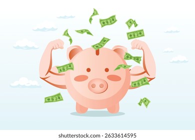 Strong pink piggy bank with muscle arms and flying wings ready to fight for business profit, strong financial health, success personal finance strategy or money power and growth investment concept