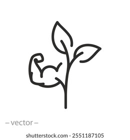 strong plant icon, arm and leaf, plant growth force, fertilizer for seedlings, thin line symbol - editable stroke vector illustration