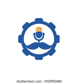 Strong podcast gear vector logo design template. Gentleman podcast logo design template. Mustache podcast icon.