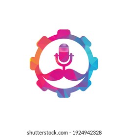Strong podcast gear vector logo design template. Gentleman podcast logo design template. Mustache podcast icon.