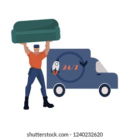 Strong Porter carry sofa. Man holding and carrying sofa. Fast delivery van. Delivery logistic concept. Vector flat cartoon isolated illustration. 