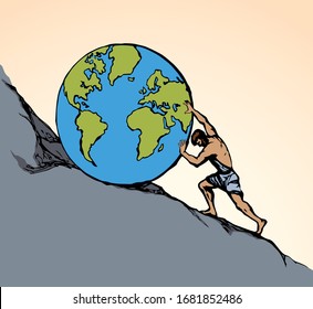 Strong power guy fight climb carry roll up rock stone hill nature map. White sky text space. Hand drawn myth male force labor task career action life logo icon sign. Vintage art vector graphic sketch