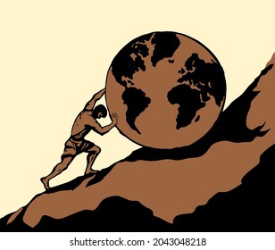 Strong power guy fight climb carry roll up rock stone hill nature map. White sky text space. Hand drawn myth male force labor task career action life logo icon sign. Vintage art vector graphic sketch