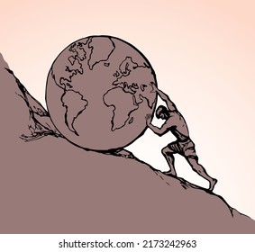 Strong power guy fight climb carry roll up rock stone hill nature map. White sky text space. Hand drawn myth male force labor task career action life logo icon sign. Vintage art vector graphic sketch
