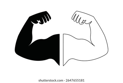 Poder forte, músculo braços ícone vetor. Símbolo de mão muscular para o emblema do clube de fitness, ilustração da força mão humana. Biceps braço curl vetor ícone