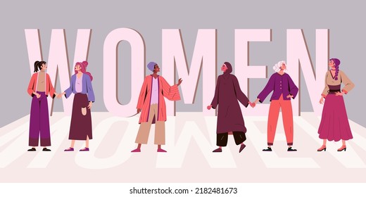 Strong power women day. Feminist woman and girl together, happy female multiethnic group of international sisterhood, team stand. Tiny people with huge letters. Vector banner background