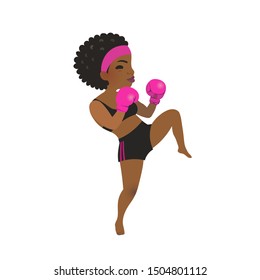 Strong powerful Afro-American sportswoman in boxing gloves performs high kick. Beautiful African girl boxer training kickboxing. Vector isolated illustration