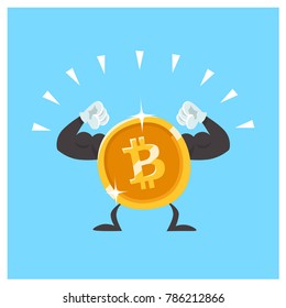 Strong and Powerful Bitcoin. Cartoon Style Vector Illustration