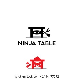 strong, powerful, bold and modern logo design for food and drink with ninja, table, spoon and fork