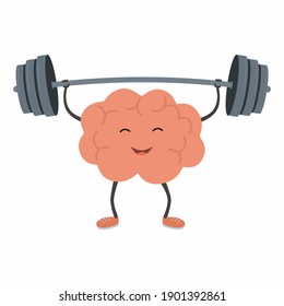 Strong powerful brain holding heavy barbell. Intelligence, mind, imagination, creativity, knowledge and education concept. Train your brain