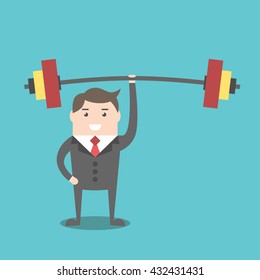 Strong powerful businessman holding barbell with one hand. Business success, achievement, power and strength concept. EPS 8 vector illustration, no transparency