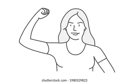 Strong, powerful and confident woman with clenched fist. Hand drawn vector illustration.