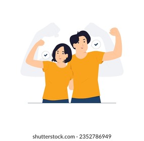 Strong powerful sporty fitness couple two friends man woman raises arms showing biceps, Look at my muscles inner strength concept illustration