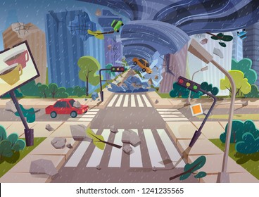 Strong powerful tornado hurricane destroying cars in city between buildings. Natural rainy disaster damaging city vector illustration concept.