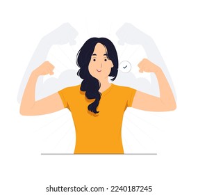 Strong powerful woman raises arms and shows biceps, has piercing in ear, Look at my muscles inner strength concept illustration