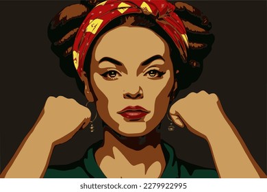 Strong powerful woman. Woman's day banner or black history month. We Can Do It. Woman s fist symbol of female power