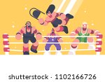 Strong and powerful wrestlers in ring. Recreational sports show. Vector illustration