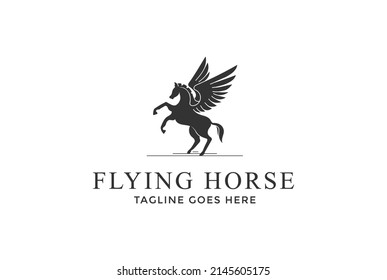 Strong Prancing Horse Stallion Pegasus Wing Logo Design Vector