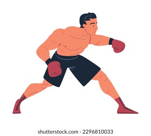 Strong professional boxer in shorts and gloves fighting or training on ring cartoon vector illustration