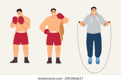 Strong professional man boxer exercising in red sportswear, posing with towel, athlete jumping rope. Vector illustrations set isolated. Sport combat training, wrestling workout, martial art