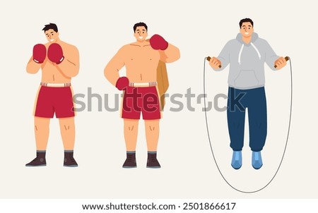 Strong professional man boxer exercising in red sportswear, posing with towel, athlete jumping rope. Vector illustrations set isolated. Sport combat training, wrestling workout, martial art