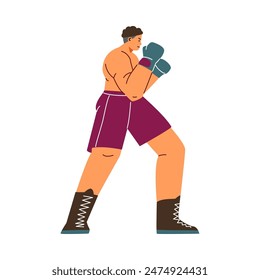 Strong professional man boxer fighter exercising in gloves and sports uniform. Cartoon martial art, sport training, wrestling workout. Vector flat illustration sportsman character isolated on white