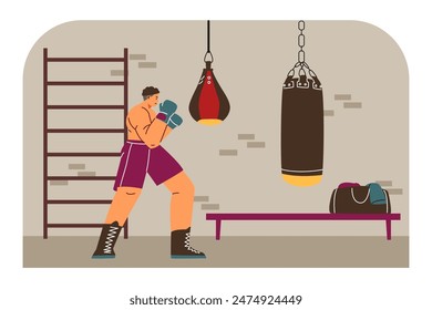 Hombre boxeador profesional fuerte haciendo ejercicio, golpeando una bolsa de boxeo en el gimnasio. Entrenamiento deportivo de arte marcial de dibujos animados, entrenamiento de lucha libre. Ilustración plana de Vector aislada en marco