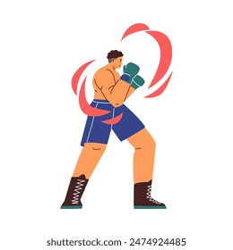 Hombre boxeador profesional fuerte que se ejercita en guantes y uniforme deportivo. Arte marcial de dibujos animados, entrenamiento deportivo, entrenamiento de lucha libre con líneas de movimiento. Ilustración plana de Vector aislada en blanco