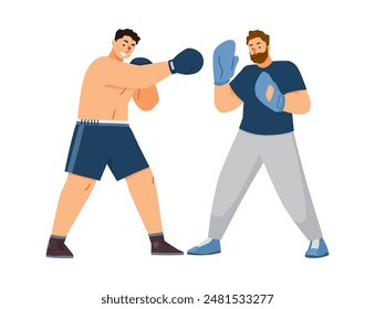 Hombre boxeador profesional fuerte que hace ejercicio en ropa deportiva azul con el entrenador, golpeando guantes de golpear. Ilustración vectorial aislada. Entrenamiento de combate deportivo, entrenamiento de lucha libre, arte marcial