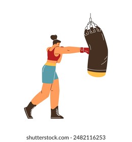 Strong professional woman boxer fighter exercising, hitting a punching bag. Cartoon martial sport training, wrestling workout. Vector flat illustration isolated on white background