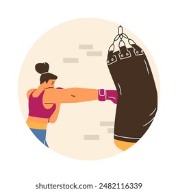 Strong professional woman boxer fighter exercising, hitting a punching bag. Cartoon martial sport training, wrestling workout. Vector flat illustration isolated in round frame