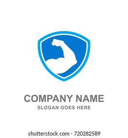 Strong Protection Security Shield Muscle Logo Vector Icon 