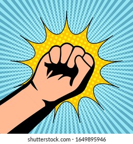 Strong punch comic concept with male fist and yellow speech bubble on radial and halftone background. Vector illustration