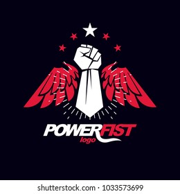 Strong raised arm of athletic man vector illustration. Martial arts championship abstract symbol.