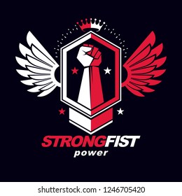 Strong raised arm of athletic man vector illustration made using graphic elements like bird wings and pentagonal stars. Best fighter vector symbol, champion concept.