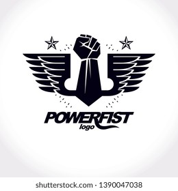 Strong raised arm of athletic man vector illustration. Martial arts championship abstract symbol.