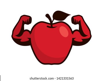 Strong red apple cartoon character. Muscular apple vector. Strong apple isolated on a white background. Apple with muscle arms clip art