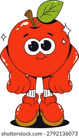 Strong Red Apple Fruit Character Hands on Hips Retro Groovy Cartoon Mascot Illustration