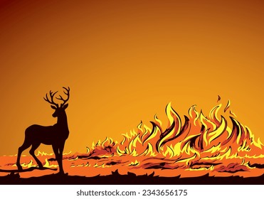 Strong red forestry wood warm ignite wild tree glow bonfire view bright light text space Dark black hand draw big male adult rut rack horn beast run smoke risk destroy dry hazard icon sign concept art