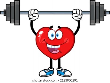 Strong Red Heart Cartoon Character Lifting A Barbell. Vector Hand Drawn Illustration Isolated On White Background