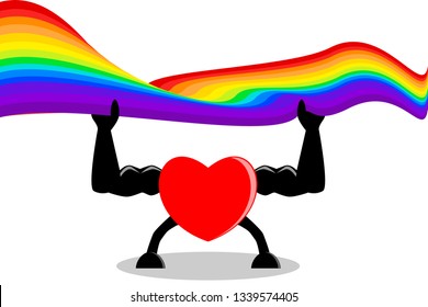 Strong red heart holding rainbow pride flag. Concepts of support LGBT or LGBTQ (lesbian, gay, bisexual, transgender, and questioning), love, valentines, etc. Creative flat design vector illustration.