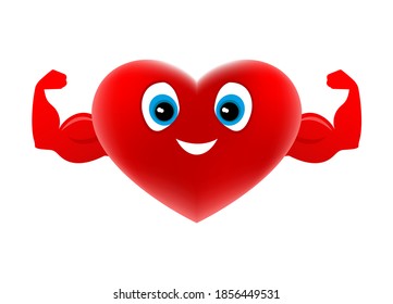 Strong red heart smiling on white background.