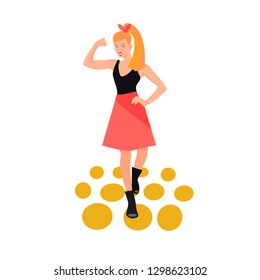 
strong red-haired woman in retro style in bright colors for women's day