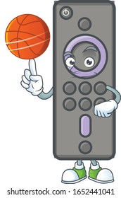 a strong remote control TV cartoon character with a basketball