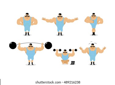 Strong retro athlete set poses. Ancient bodybuilder with mustache emotions. Sportsman in striped suit, and good evil. Sad and happy Strong circus performer. Aggressive and surprised