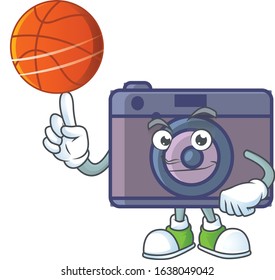 a strong retro camera cartoon character with a basketball