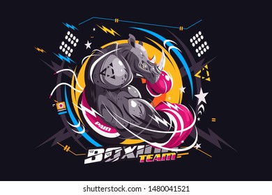 Strong rhino boxer vector illustration. Awesome rhinoceros pugilist in gloves flat style design. Lettering inscription boxing team. Martial arts concept