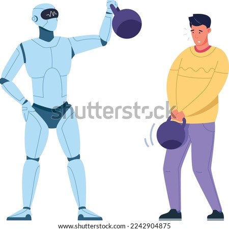 Strong robot versus weak man. Lift weight competition isolated on white background