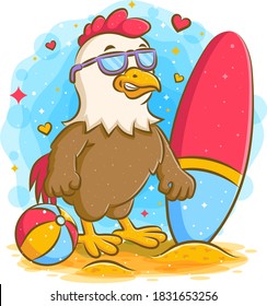 Strong rooster in the beach with surf board and ball of illustration