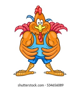 Strong rooster-bodybuilder shows his huge arm muscles. Funny cartoon character